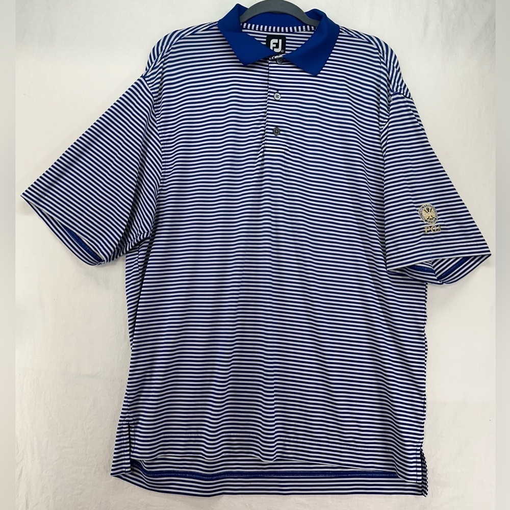 Footjoy FJ Mens Golf‎ Polo Shirt Blue & White Striped PGA Logo On Sleeve Size L